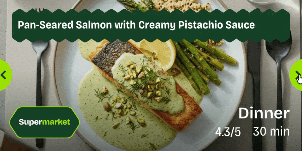 Feed-driven supermarket recipe ad, 600x300, recipe title and cook time pulled from a data source"