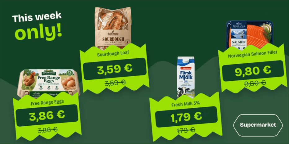 Feed-driven supermarket weekly offers ad, 600x300, showing product name, pack size and price