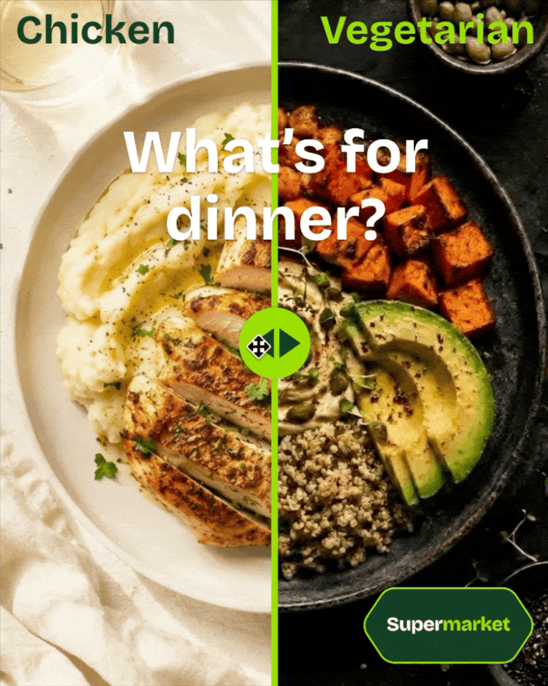 Interactive supermarket compare slider ad, 320x320, draggable divider between two meal images