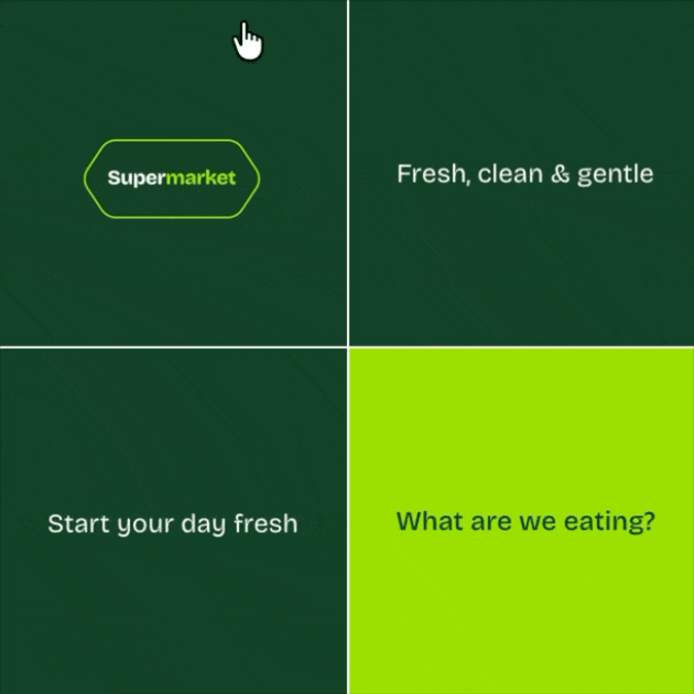 Interactive supermarket category grid ad, 320x320, four tiles each carrying an offer